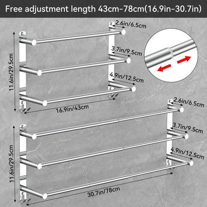 Towel rack Extendable 43-78CM without drilling Stainless steel double towel bar Bathroom Wall adhere bath towel holder wall mount (Silver 3-Bar)