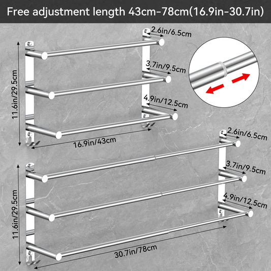 Towel rack Extendable 43-78CM without drilling Stainless steel double towel bar Bathroom Wall adhere bath towel holder wall mount (Silver 3-Bar)
