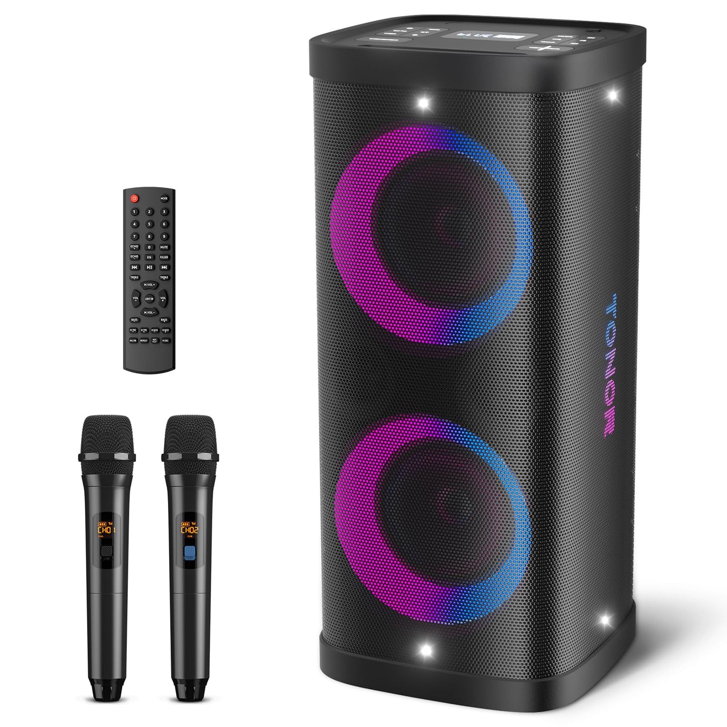 Karaoke machine with 2 wireless microphones for adults and kids, TONOR Bluetooth PA speaker system with LED lights, rechargeable battery, great for home and outdoor karaoke parties K61