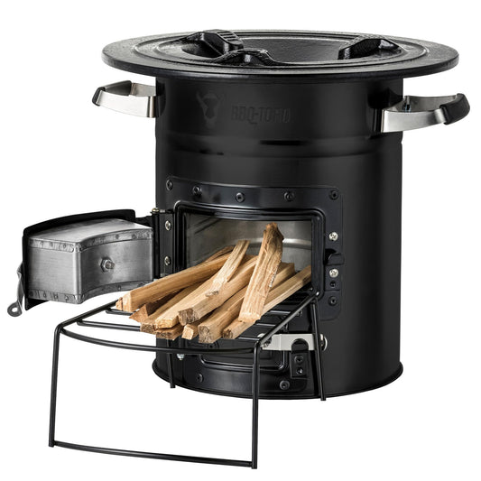 BBQ-Toro Rocket Stove ROCKET #2, Black | Rocket stove for Dutch ovens, grill pans, and more | Rocket stove with firewood rack and air intake openings | Fire pit for Dutch ovens