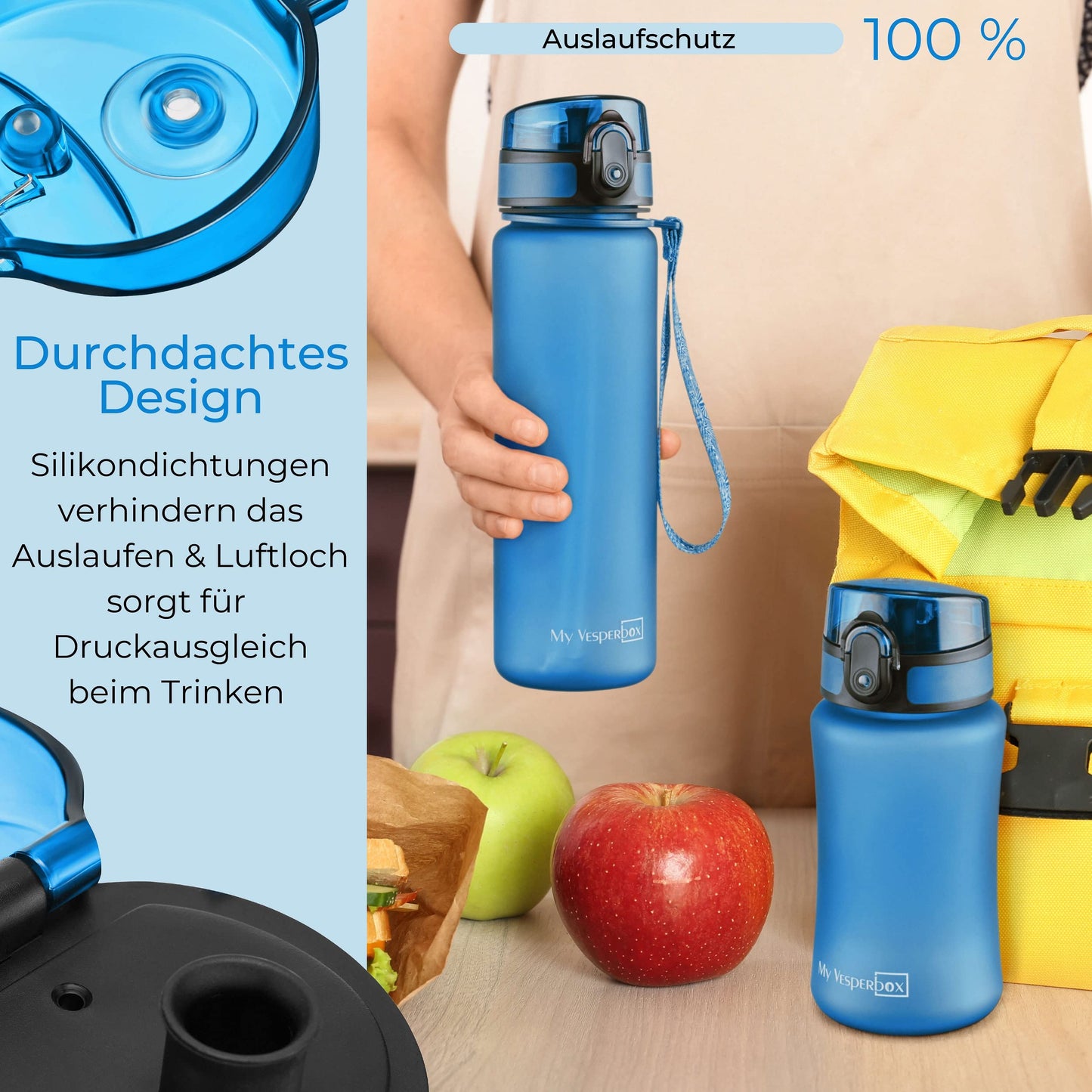 My Vesperbox - Minny - Kids Water Bottle - Personalized with your name - 500, 750, 1000ml incl. straw or sieve - BPA free - for kindergarten, school, sports, leisure (Blue 500ml)