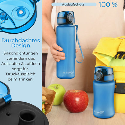 My Vesperbox - Minny - Kids Water Bottle - Personalized with your name - 500, 750, 1000ml incl. straw or sieve - BPA free - for kindergarten, school, sports, leisure (Blue 500ml)