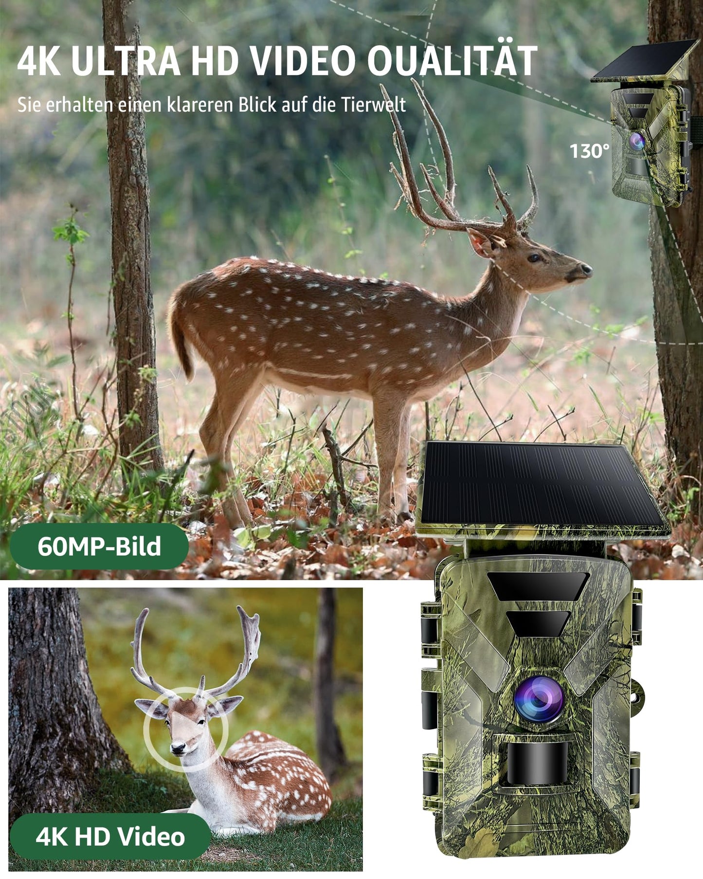 HAZA trail camera with solar panel and WiFi, 5200mAh battery, 4K HD video, Bluetooth, night vision, motion sensor, and 64GB SD card. IP66 waterproof for outdoor use. Download app for smartphone viewing.
