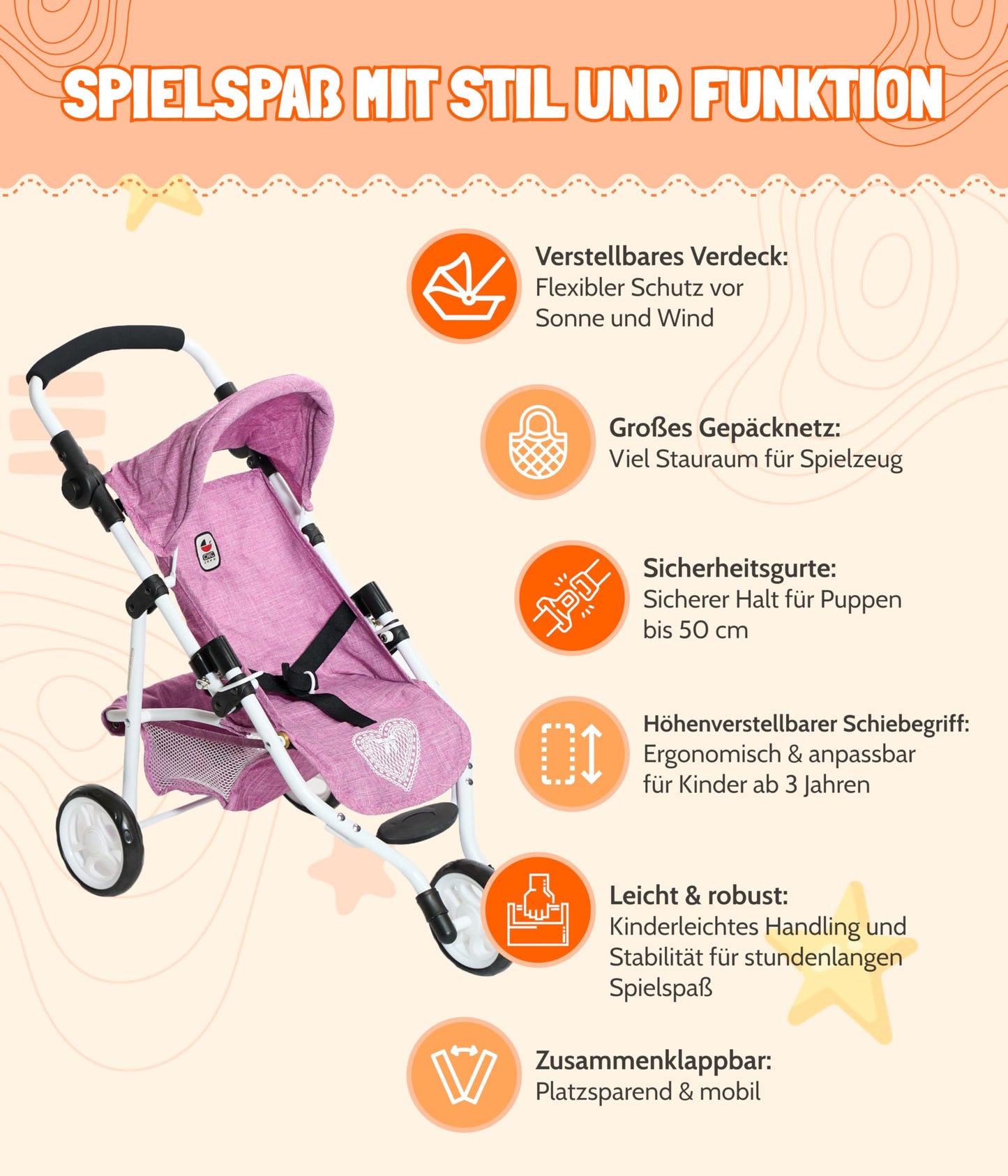 Bayer Chic 2000 - Doll Buggy Lola, Jogging Buggy, Doll Jogger, Doll Carriage, Grey Jeans, 70 x 33 x 62 cm