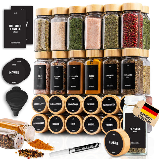 Deco Haus® square spice jars with wooden lids 36-piece set [+ labels & shaker insert] - glass spice jar set - spice container spice jars - spice storage - containers for spices - spice storage