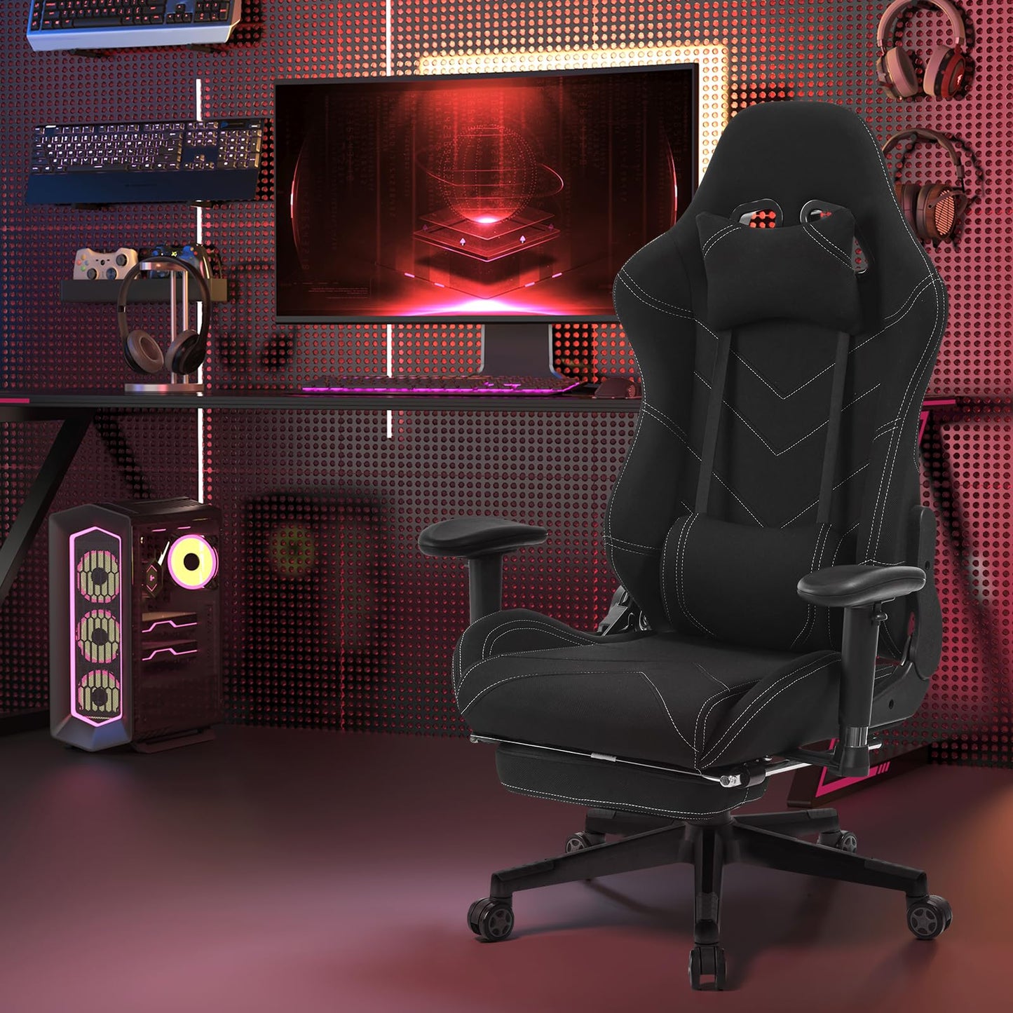 WOLTU Gaming chair fabric for summer, breathable office chair gaming chair ergonomic with lumbar pillow, gamer chair racing PC chair with rocking function & footrest live streaming swivel chair black