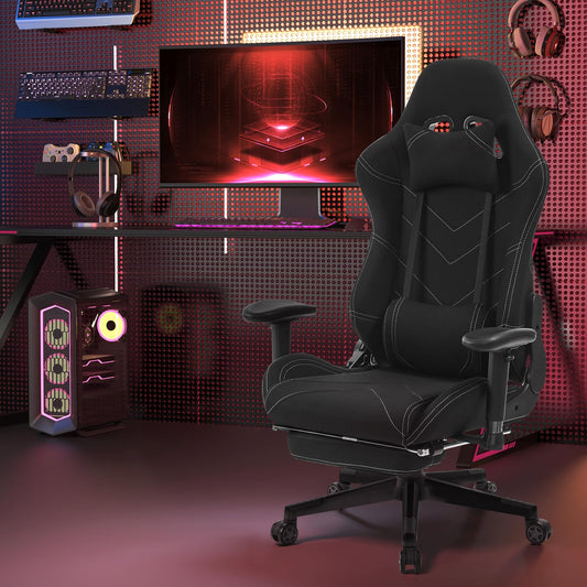 WOLTU Gaming chair fabric for summer, breathable office chair gaming chair ergonomic with lumbar pillow, gamer chair racing PC chair with rocking function & footrest live streaming swivel chair black