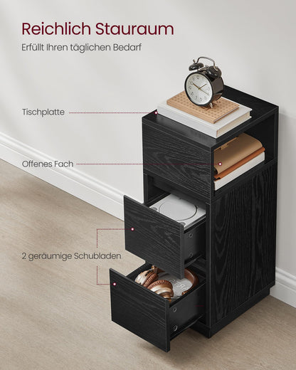 VASAGLE nightstand, narrow, side table with 2 drawers, open compartment can be mounted on the left or right flexibly, for bedroom, living room, ebony black LET656B56