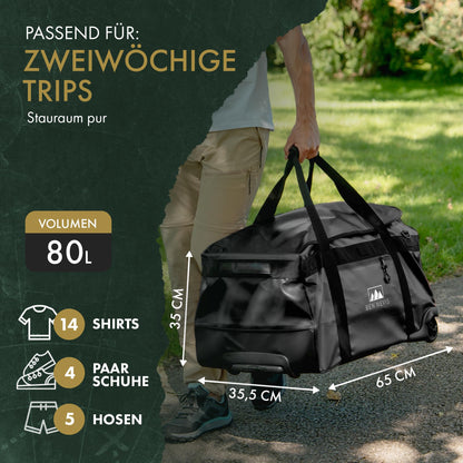 BEN NEVIS ORIGINAL 80L rolling duffle bag – XXL foldable travel & gym bag, water-resistant, durable & compact