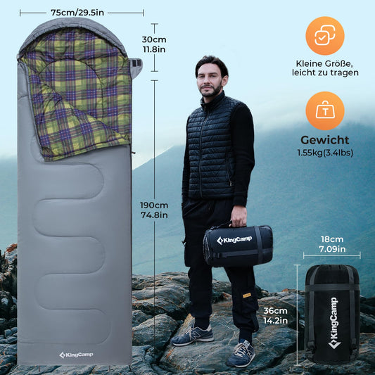 KingCamp sleeping bag, versatile and fully expandable outdoor sleeping bag with cotton-touch-print lining, lightweight and water-resistant, perfect for camping and outdoor activities. (Gray L Zip, 220×75cm)