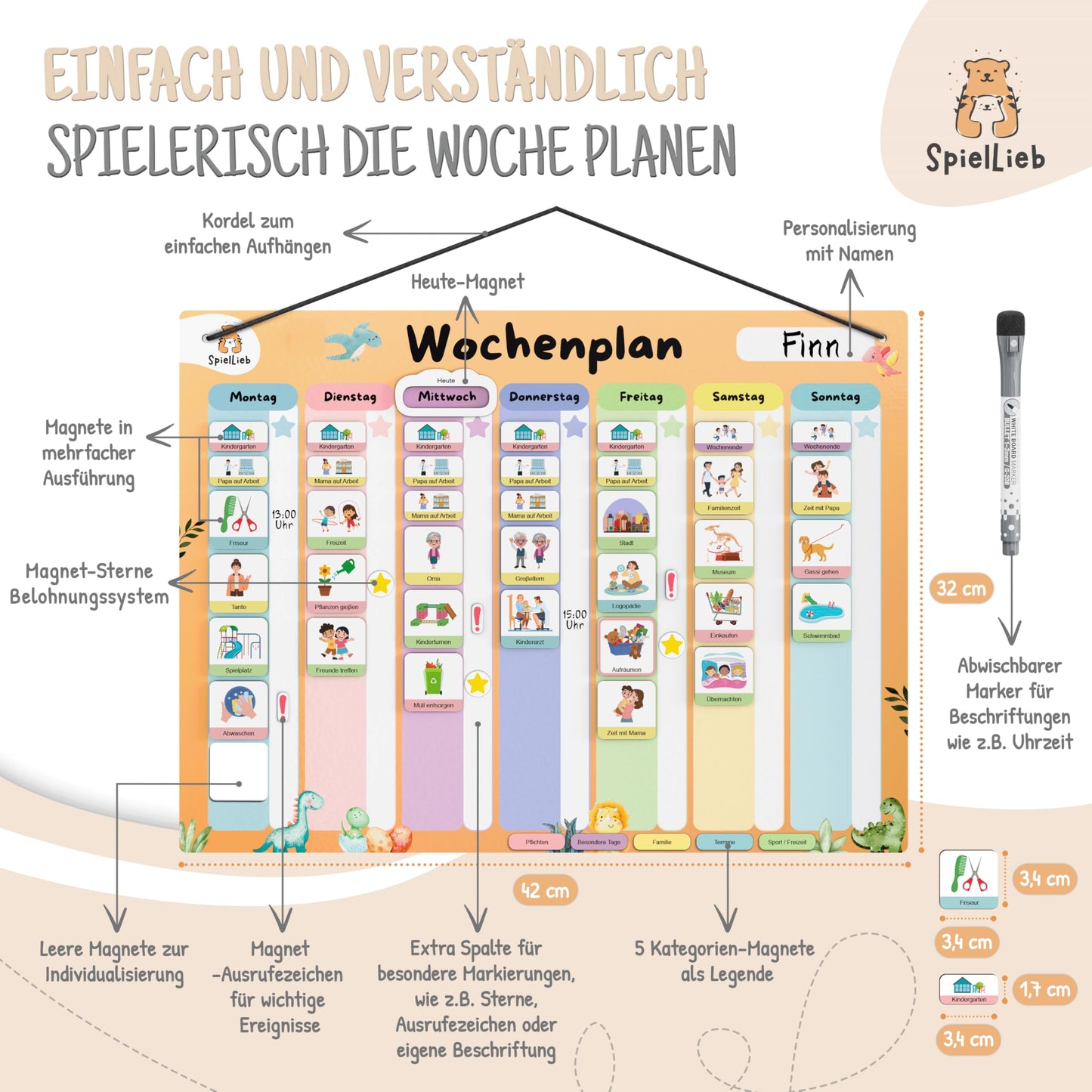 SpielLieb® Montessori Weekly Planner for Kids - Magnetic Board with 216 Magnets, writable & erasable - Ideal for promoting independence & organization - Magnetic Weekly Planner for Kids