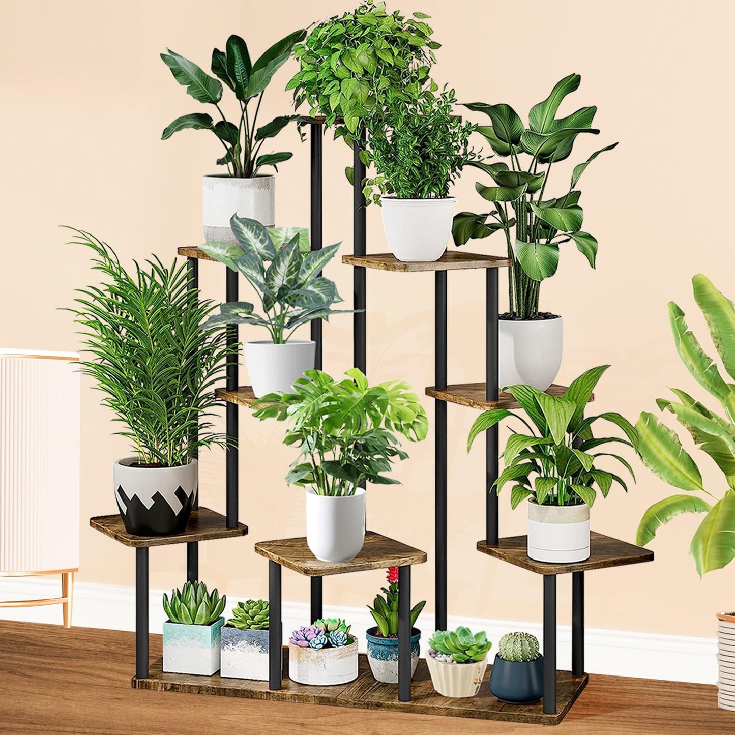 YOCOMEY 9-Tier Wooden Flower Rack Plant Stand, Multi-layered Flower Shelf Plant Holder Flower Bench Flower Stair Plant Stand for Indoor Garden Balcony Decoration (Black)
