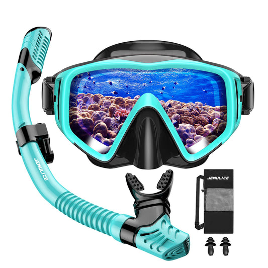 JEMULICE Adult Snorkel Set, with diving mask and dry snorkel for men and women, anti-leak & anti-fog tempered glass mask for diving, snorkeling, and swimming.