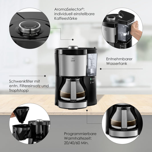 Melitta Look Perfection - Coffeemaker with removable water tank, glass carafe and drip stop, for up to 10 cups of coffee, black.