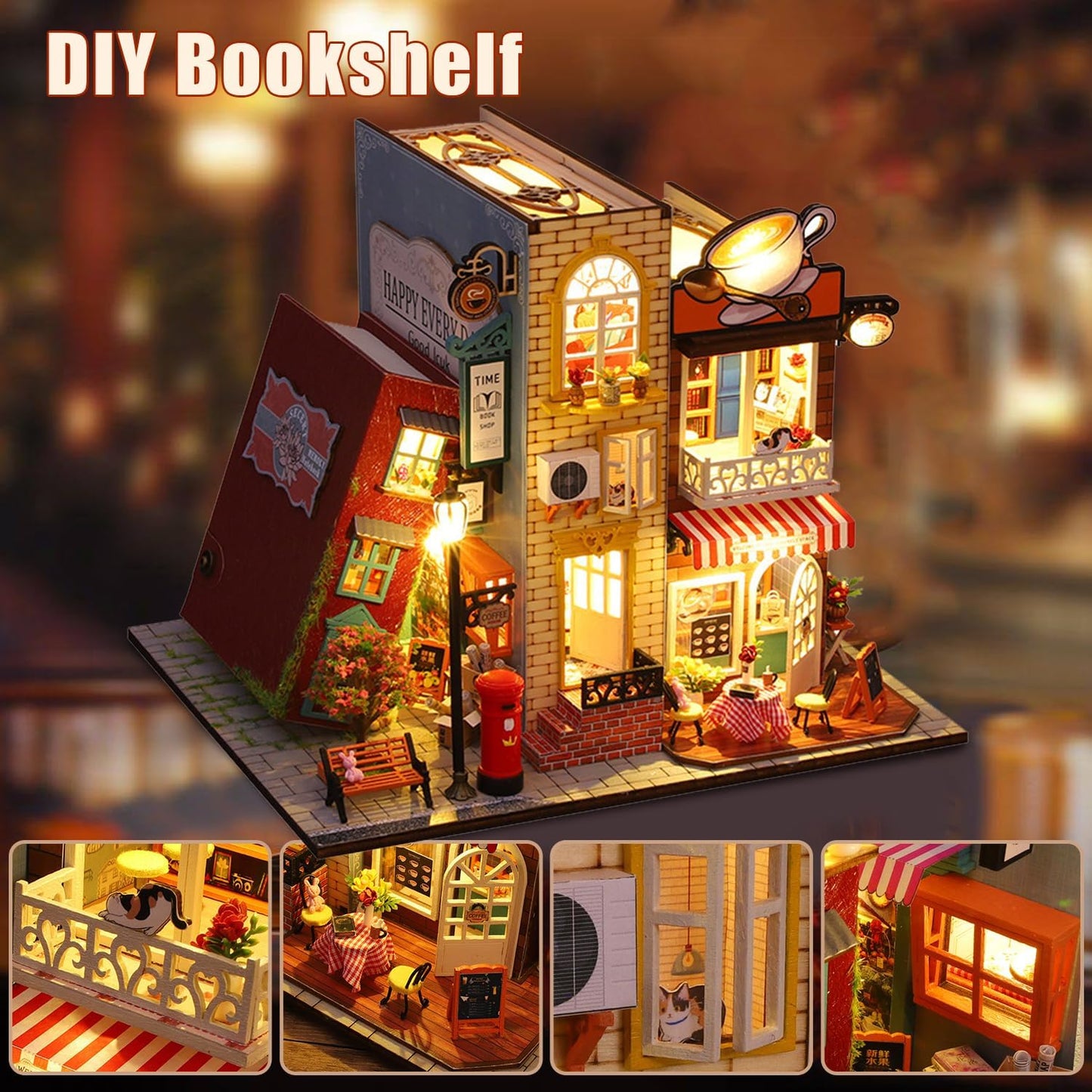 CRIOLPO Book Nook Kit - DIY dollhouse wooden miniature house kit, book corner miniature kit for adults, teens; 3D wooden puzzle bookshelf insert kits with sensor LED light - outside the book.
