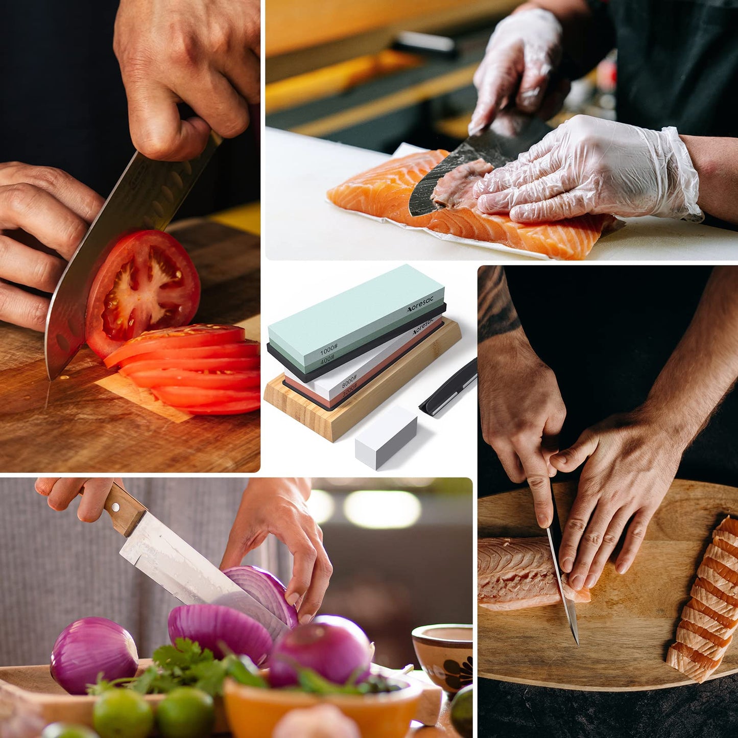 Aoresac Sharpening Stone Knife Set with Bamboo Base, includes sturdy sharpening stone and sharpening guide. Features 400/1000 and 3000/8000 double-sided sharpening stones.