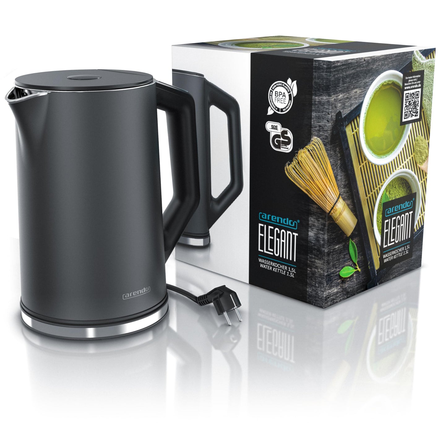 Arendo - Stainless Steel Kettle with Temperature Control 40-100 degrees in 5 degree increments - Double Wall Design - Model ELEGANT - 1.5 Liters - 2200 W - Tea Kettle with Temperature Display - GS - Cool Grey