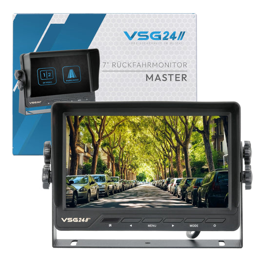 VSG24 Reversing Monitor Master - 7 inch screen, 2 camera inputs, trigger, distance lines, direct select buttons, 12-24V, rear view camera monitor for car, camper van, parking aid, reversing camera cable.
