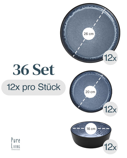 Stoneware dinnerware set for 12 people Ibiza 36 pieces. AWARD WINNER, Dreamy Mediterranean Stoneware Dinnerware Set, bowl and plate set, tableware for 12 people, dish sets Pure Living in smokey blue.