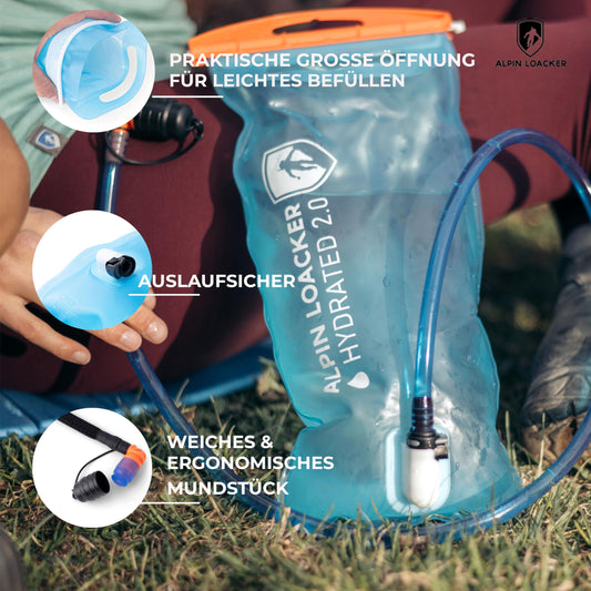 ALPIN LOACKER Outdoor hydration bladder with hose for sports and outdoor activities I super lightweight water bladder and drinking bag for hiking I BPA free hydration system, 2l