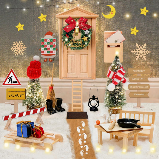 Elf door set - 46 PCS elf accessories with light, elf construction site accessories, elf door complete set with baking set, interactive card advent calendar, DIY gift for children.