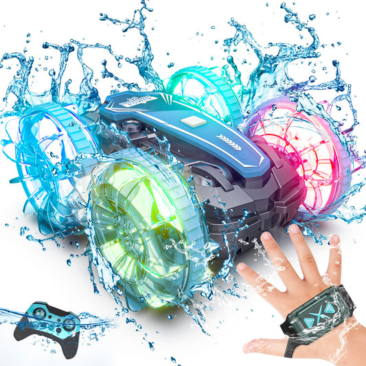 Tecnock Amphibious Remote Control Car, 4WD 360° Rotating Gesture Sensor Stunt RC Car with Lights, Remote Control Boat with Waterproof Remote, Gifts Toy for 3-8+ Years (with Watch)