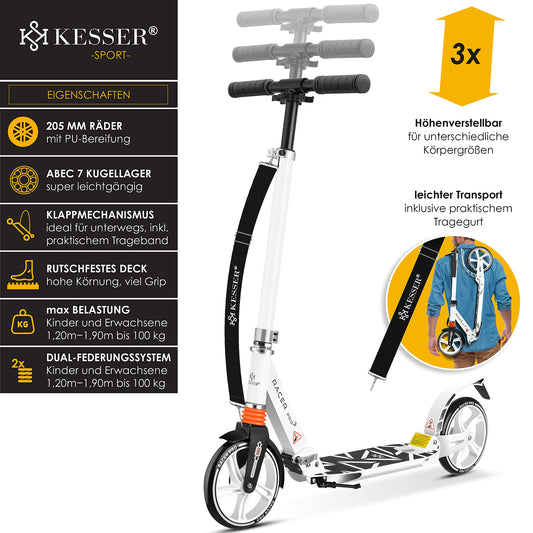 KESSER® City Roller Scooter 205mm wheels PU Big Wheel - Pro-S kick scooter with double suspension, foldable and adjustable height city roller scooter, kickscooter for adults and kids, White