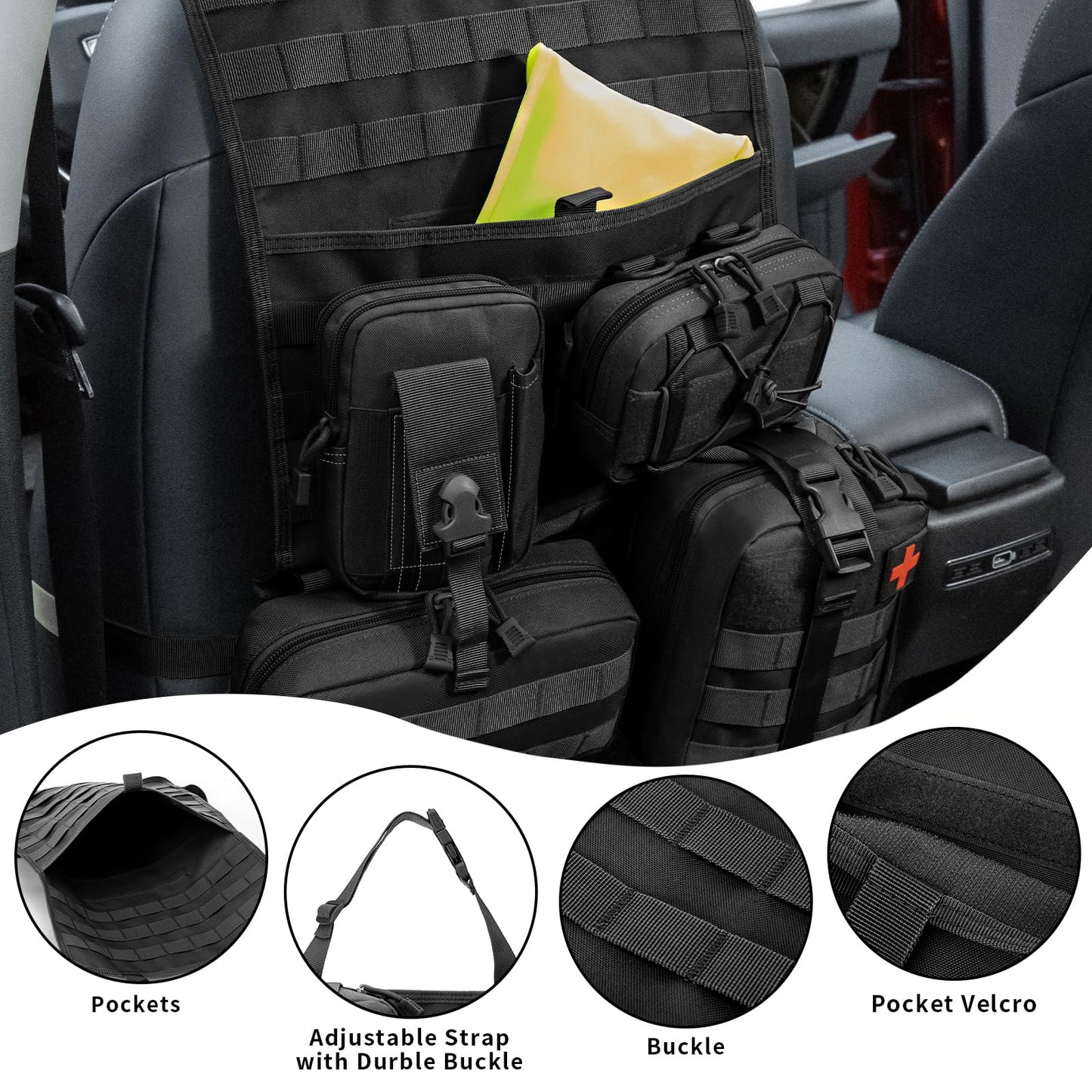 ZACITLEI Universal Tactical Car Seat Back Organizer, Front Seat Back Storage Bag Backseat Protector with 5 Removable Molle Pouch for Most Vehicles