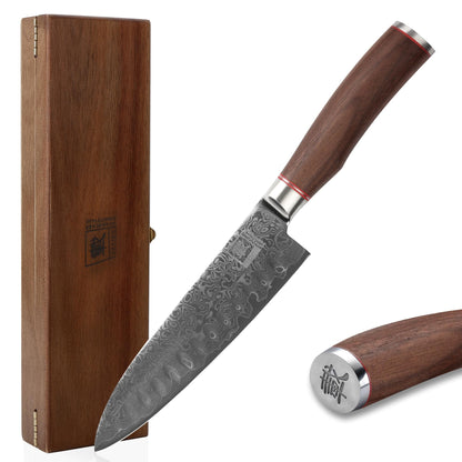 Zayiko Kurumi Premium Santoku knife with 17.5 cm blade made of 67 layers genuine Damascus steel with walnut handle I wooden box I Damascus knife kitchen knife and professional chef knife