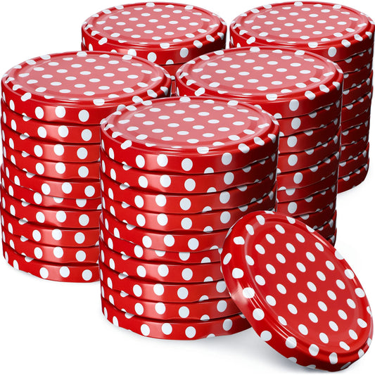KADAX screw cap fi82 mm, Twist-Off lid set made of metal, replacement lids for preserving jars, lids with 6 snap teeth for jars and preserving jars (red dotted, 50 pieces)