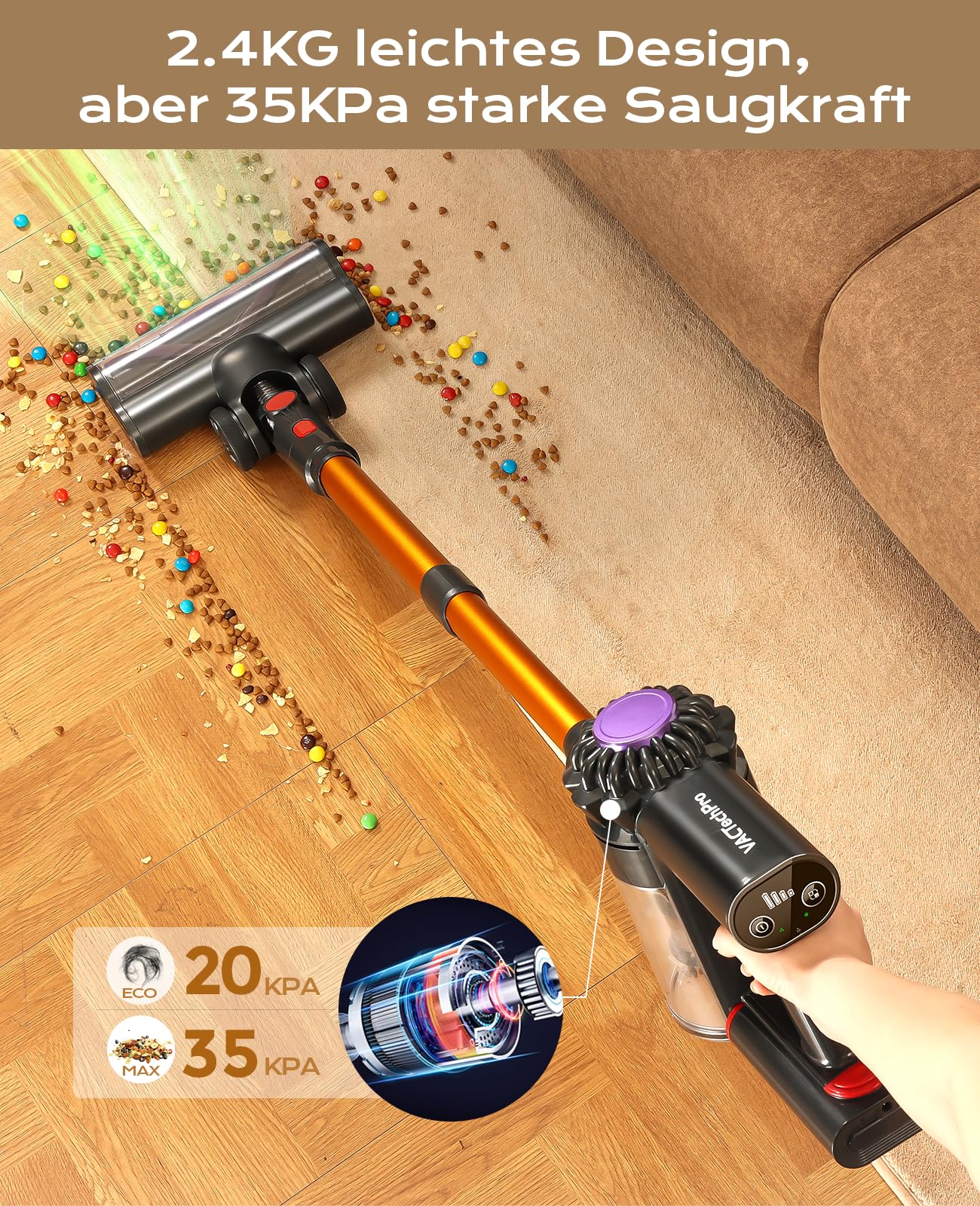 VACTechPro V15 Cordless Battery Vacuum, 35KPa Wireless Vacuum with Removable Battery, up to 35min Runtime, 6 in 1 Battery Vacuum for Hardwood Floors Carpet & Gold
