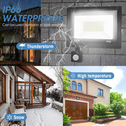 Outdoor 100W LED floodlight with motion sensor, 10000LM, IP66 waterproof. Cold white 6000K.