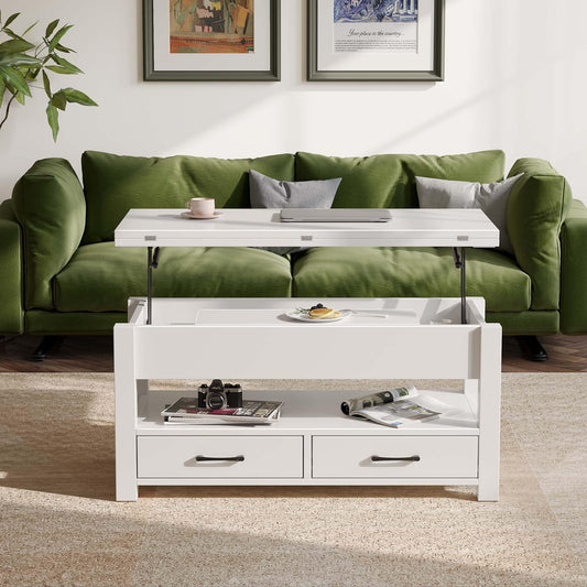 Rolanstar Adjustable Height Coffee Table, Living Room Table with Drawer & Hidden Compartment, Convertible Coffee to Dining Table, 100 x 50 cm Wooden Sofa Table, White