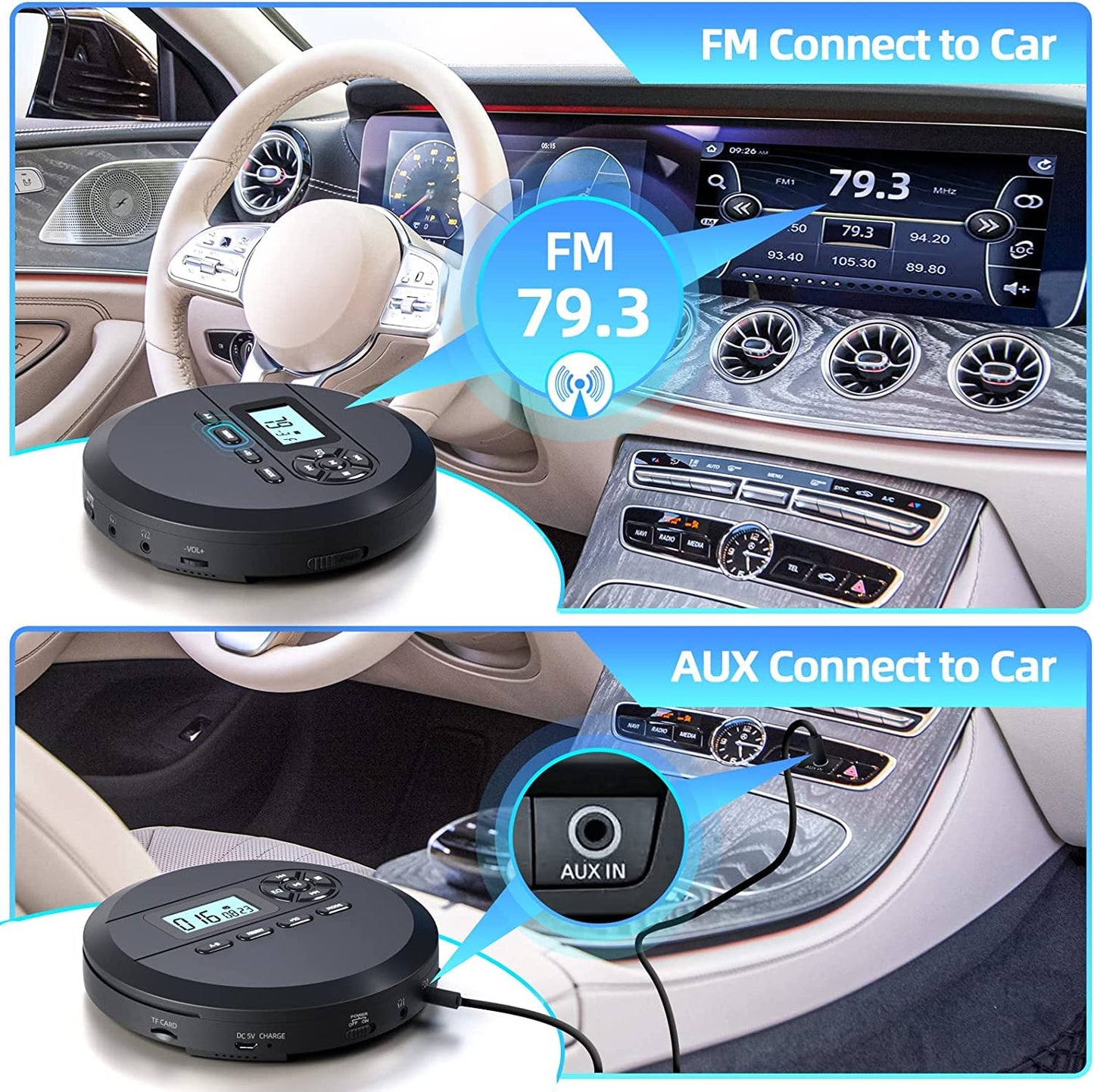 Portable CD player, DESOBRY CD Player Portable with speakers and FM transmitter, Discman for car, 2000mAh battery, headphones, AUX cable.