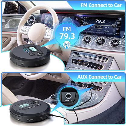 Portable CD player, DESOBRY CD Player Portable with speakers and FM transmitter, Discman for car, 2000mAh battery, headphones, AUX cable.