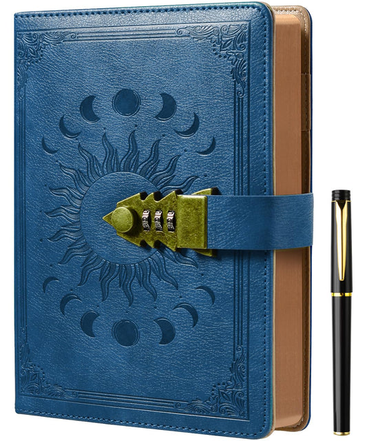 ZXHQ Diary with Lock - A5 Notebook with Pen Set, Refillable Leather Journal with Vintage Leather Cover and Colorful Page Edging for Girls, Women, Men, and Teens A5 Size (21x15cm)