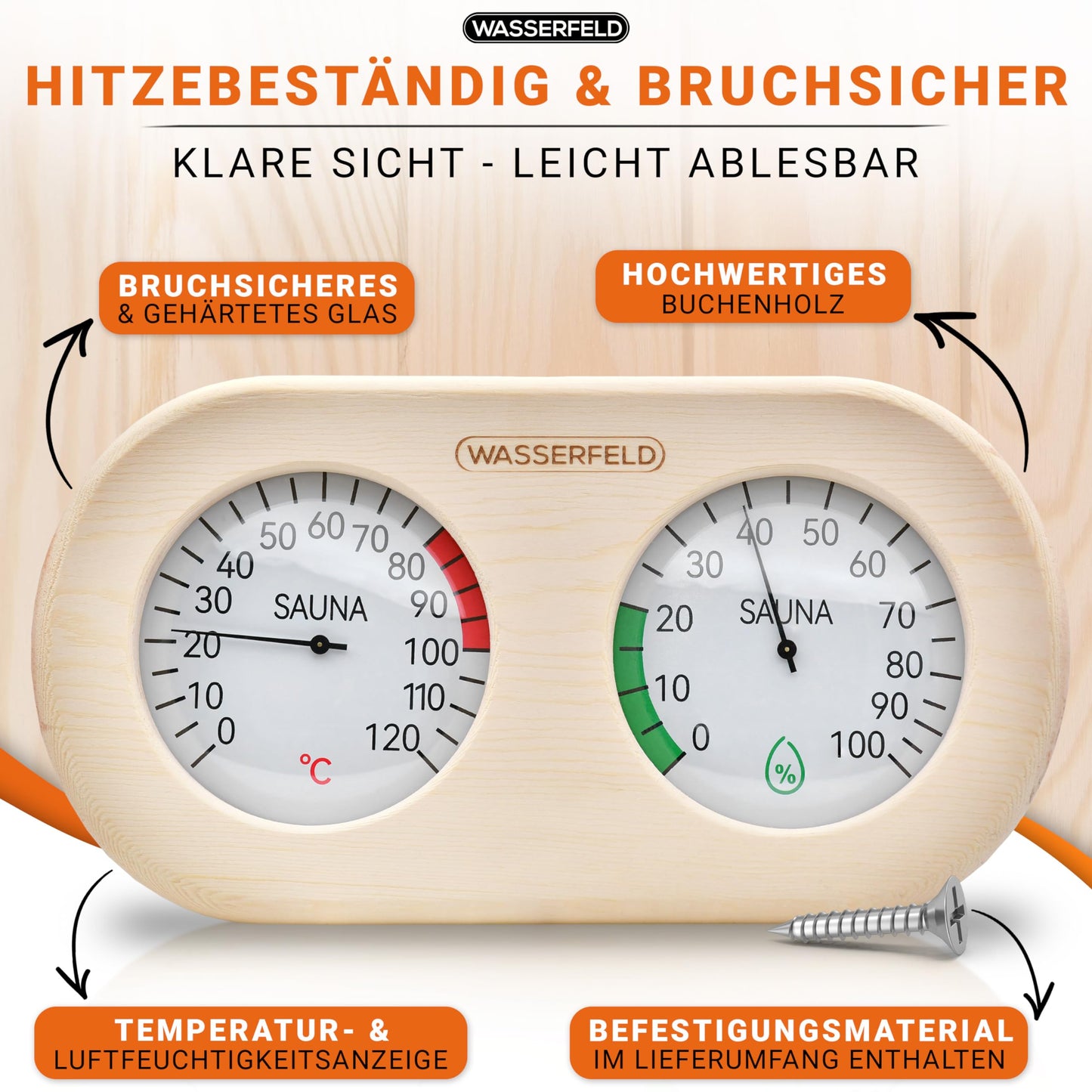 WASSERFELD® Sauna Thermometer Hygrometer [2in1 Function] Precise sauna thermometer for accurate temperature & humidity measurement - Sauna hygrometer with tempered glass - Sauna accessory...