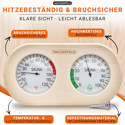 WASSERFELD® Sauna Thermometer Hygrometer [2in1 Function] Precise sauna thermometer for accurate temperature & humidity measurement - Sauna hygrometer with tempered glass - Sauna accessory...