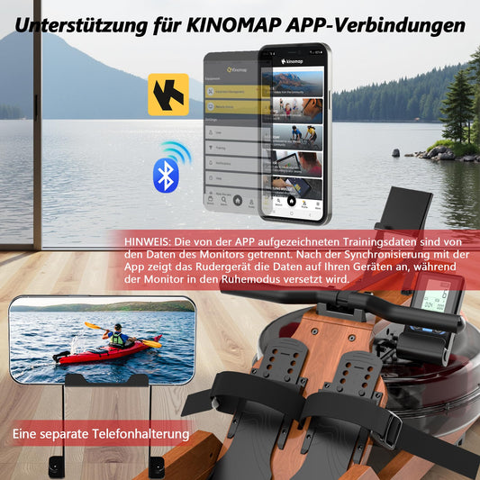Wenoker Home Water Rowing Machine made of solid wood, foldable rowing machine with Bluetooth display, high-quality wood construction, double slide rails, max weight capacity of 150kg.
