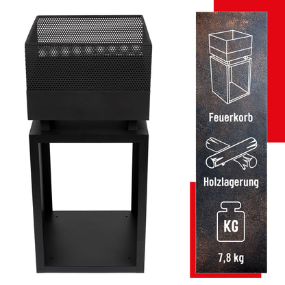 BBQ Collection Fire Pit with Spark Guard - Fire Basket 39 x 39 x 85 cm - Garden Chiminea for Firewood - Patio Heater with Poker and Firewood Storage - Patio Decor - Carbon Steel