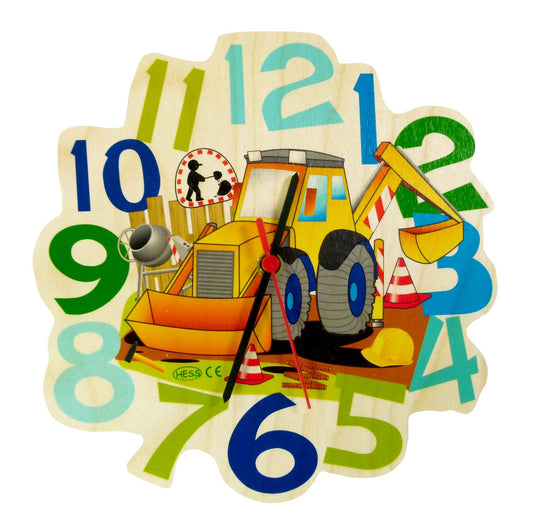 Hess Wooden Toys 30008 - Wooden wall clock for children, Construction Site series, with quartz movement, handmade, diameter approx. 24 cm, colorful timepiece for the kids' room.