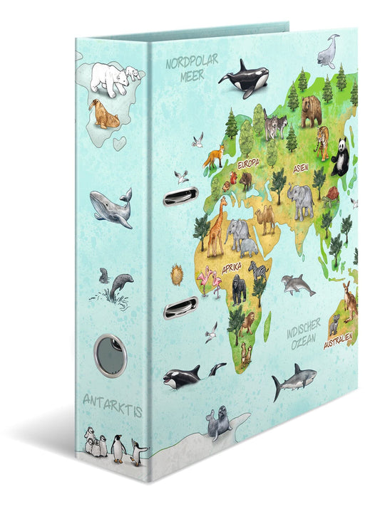 HERMA A4 World Map Set of 10 folders, 7 cm wide, ring binders with kindergarten motifs, colorful files with interior print for boys, girls, and children.