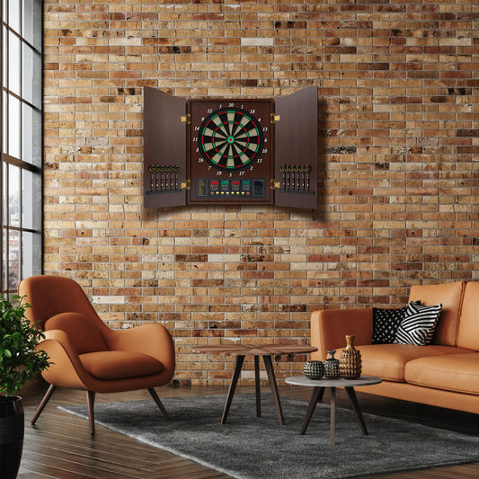 Brovamo dart board, Decorative dartboard cabinet set [12*soft tip darts], Electronic dartboard, Wooden cabinet doors with integrated scoreboard [Coffee]