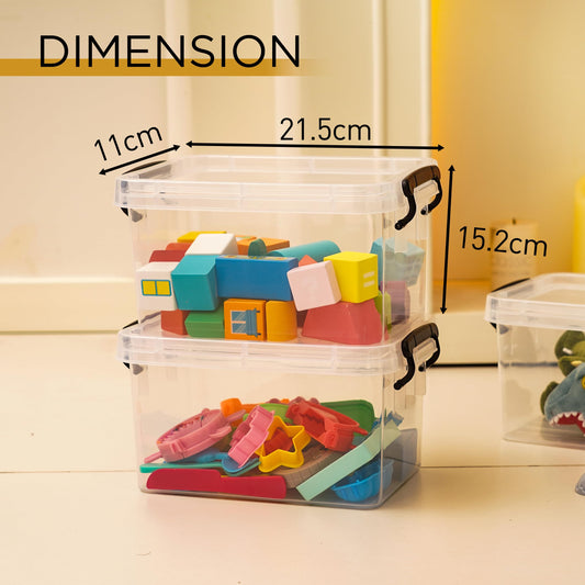 Citylife 6-piece set of 4L storage boxes with lids, small and stackable. Transparent with handle clips for small items. Elastic and durable plastic boxes for crafting supplies, measuring 21.5 x 11 x 15.2 cm.