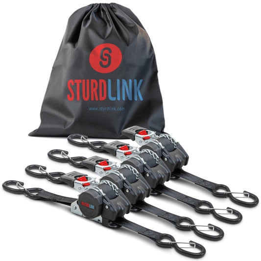 Automatic ratchet strap 3m 25mm with S hook 300kg/600kg | Set of 4 self-retracting ratchet straps | Automatic strap winder | Tie-down strap for car trailers, quads, motorcycles.