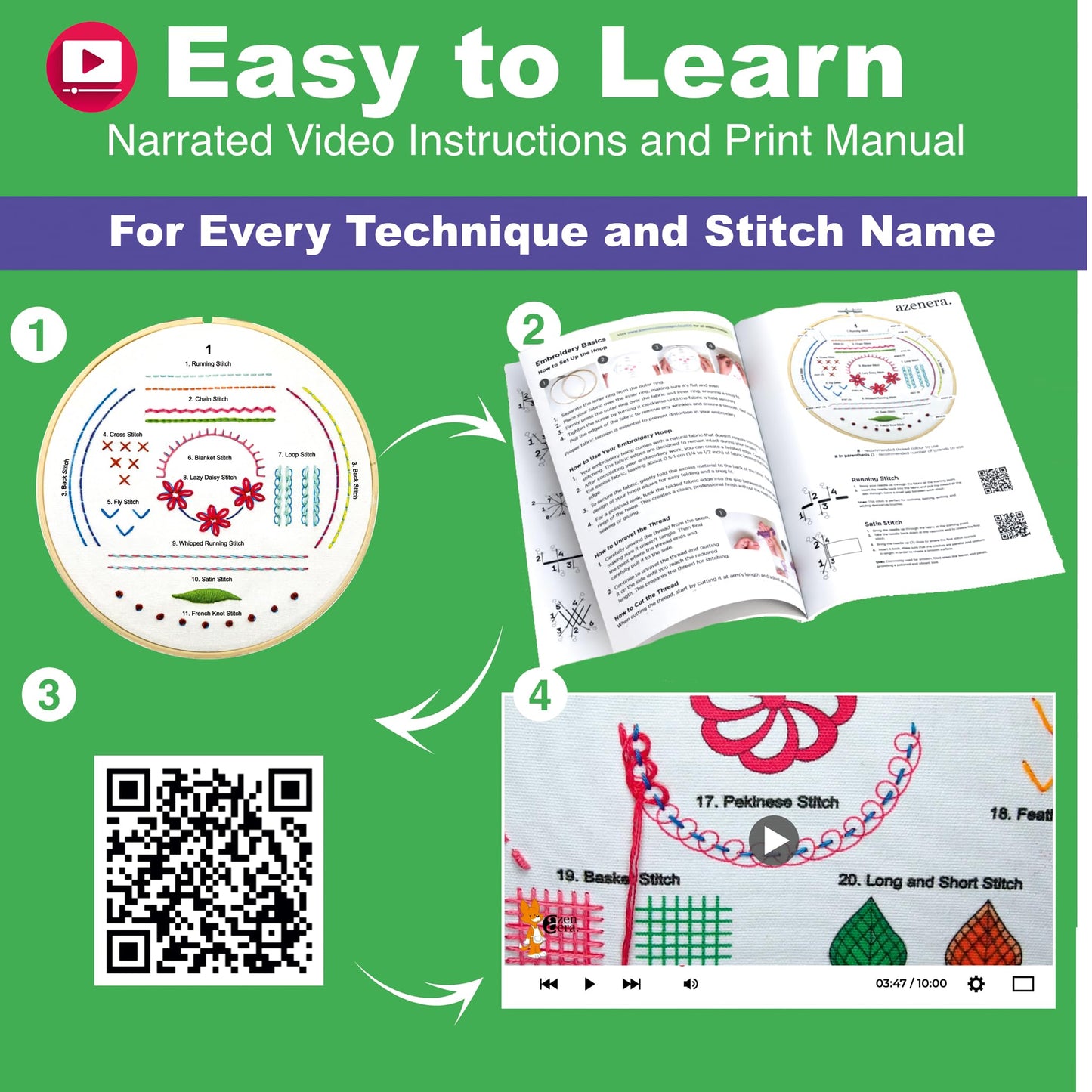 Azenera Embroidery Kit for Beginners - Complete set with video instructions, 4 patterned fabrics, threads, bamboo hoop & tools - Easy way to learn Embroidery (AZA100)