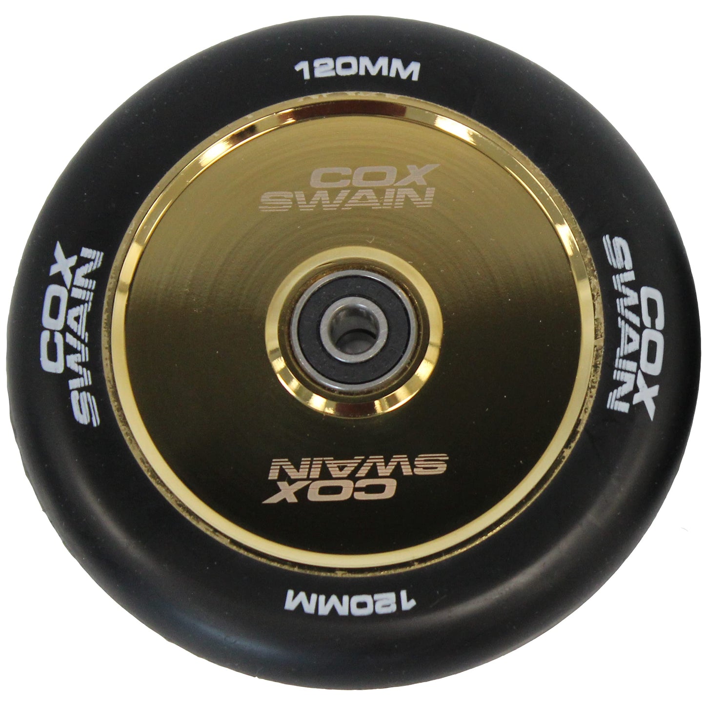 Cox Swain 2 pieces high-end stunt scooter wheels complete set with ABEC 11 bearings and aluminum spacers: Black/Gold Hollowcore 120mm