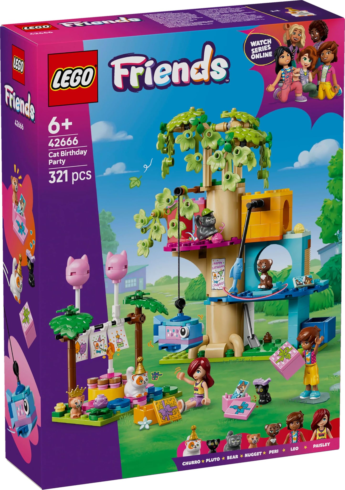 LEGO Friends Cat Birthday Party & Treehouse - Toy with 2 Minifigures & 5 Animal Figures - Rotating table, piñata & fun accessories - Creative gift for girls aged 6+ - 42666