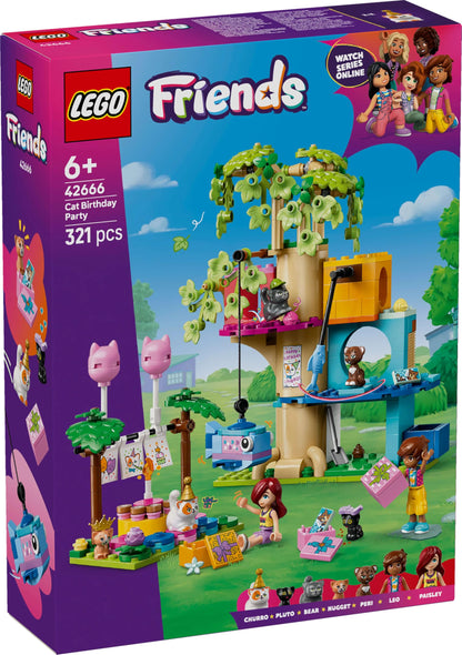 LEGO Friends Cat Birthday Party & Treehouse - Toy with 2 Minifigures & 5 Animal Figures - Rotating table, piñata & fun accessories - Creative gift for girls aged 6+ - 42666