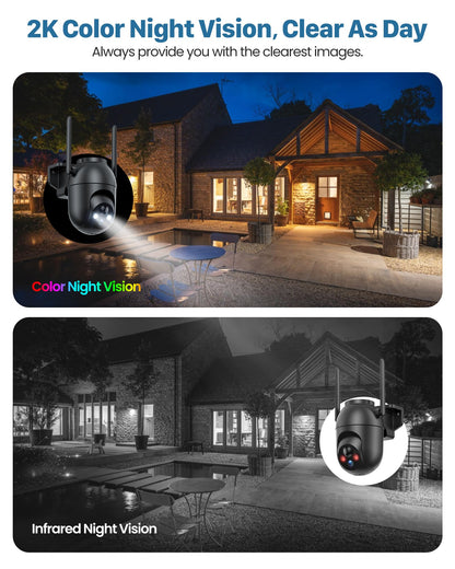 VIMKIM 2 Pack-Black Outdoor Security Camera with Battery 360 Degree WiFi Camera Solar Panel Motion Sensor Home Security Monitor Wireless IP66